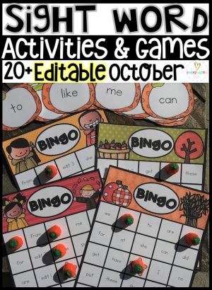 Editable Kindergarten Sight Words Activities are a game change for your fall centers.   This hands on sight word unit is full of editable and easy to modify centers and activities.  These sight word activities are theme based and can easily be implemented into any reading program. 