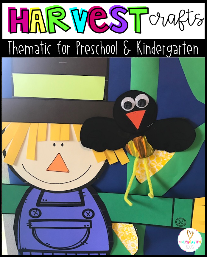 A scarecrow and crow make a great addition to a bulletin board and is included in our Fall Crafts for Kindergarten and Preschool.  Step by step directions are included!