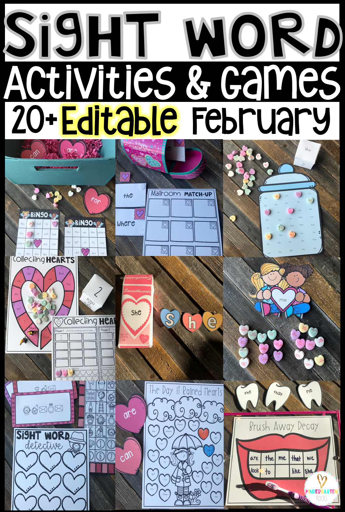 Are you looking for Valentine's Day sight word games and activities that you can change to meet the needs of your kindergarten or first grade students? Then, you will love Editable Sight Word Activities, Printables and Games for February. Type in 20 sight words on one list and they will spread throughout all of the activities.